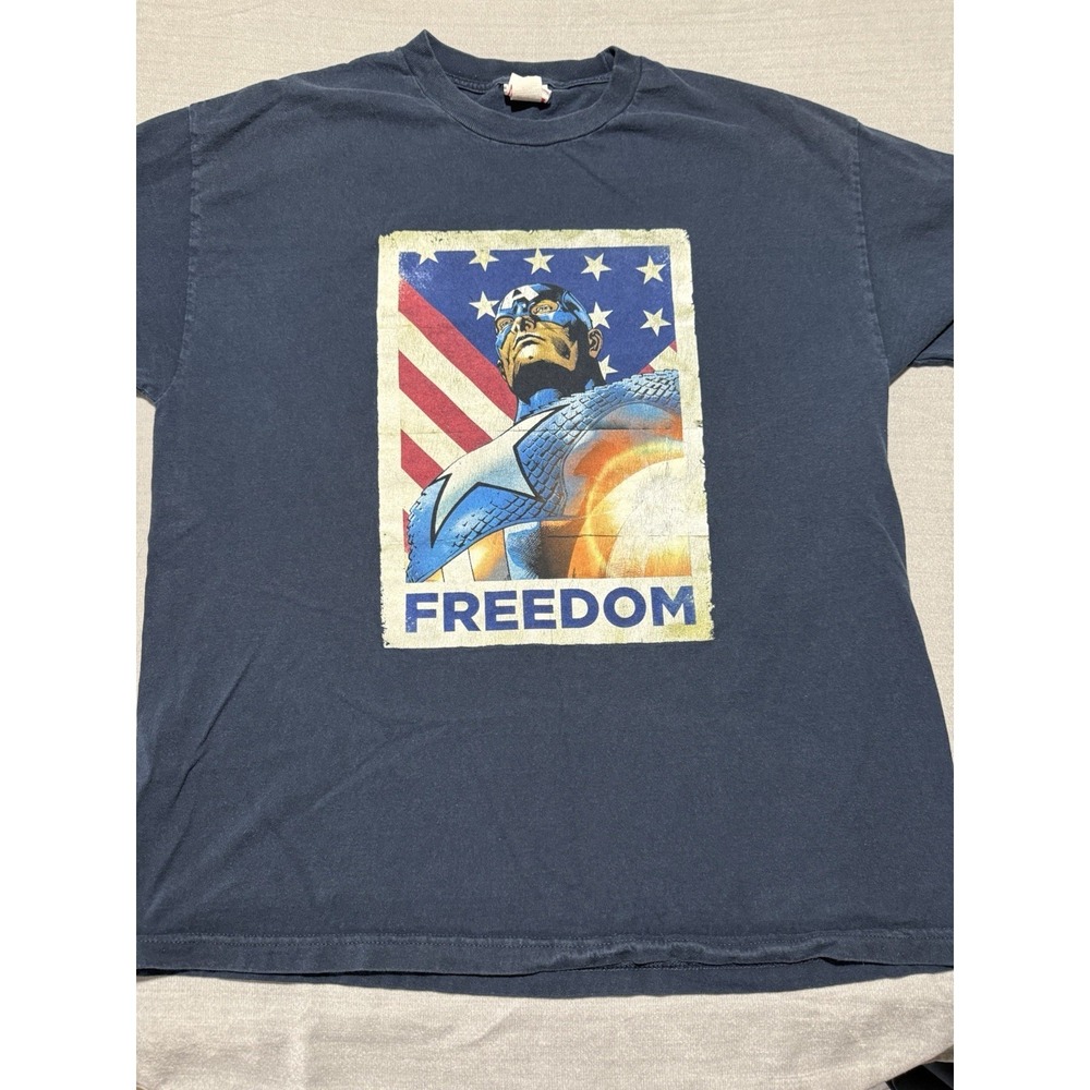VTG Marvel Captain America‎ "Freedom" Graphic T-Shirt Blue Comic Book Tee XL